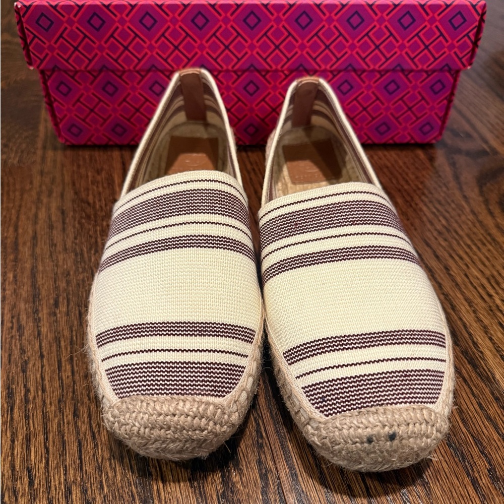 Tory Burch Striped Canvas Espadrille Flats in Cream and Burgundy